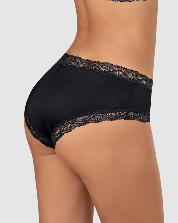 Panty hípster tiro medio en tela lisa y encaje
