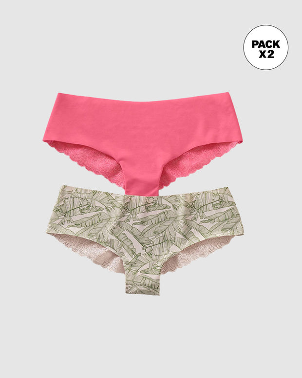 Paquete x 2 panties cacheteros descaderados con encaje#color_s44-estampado-hojas-rosado