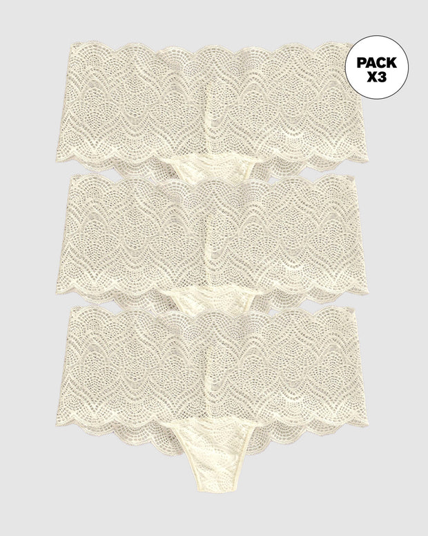 Paquete x3 panties estilo cachetero en encaje con transparencias y bordes redondeados