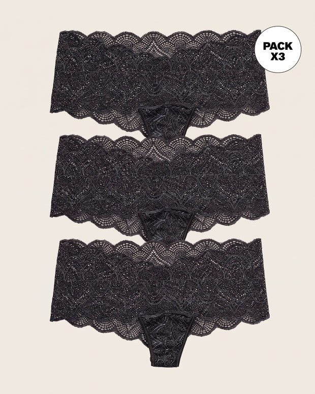 Paquete x3 panties estilo cachetero en encaje con transparencias y bordes redondeados