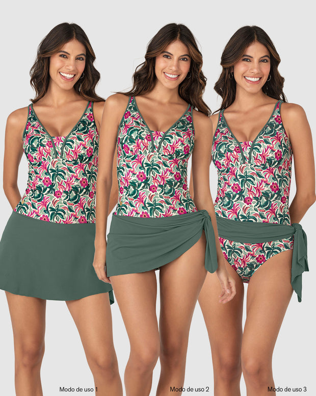 Vestido de baño entero estampado con falda multiusos