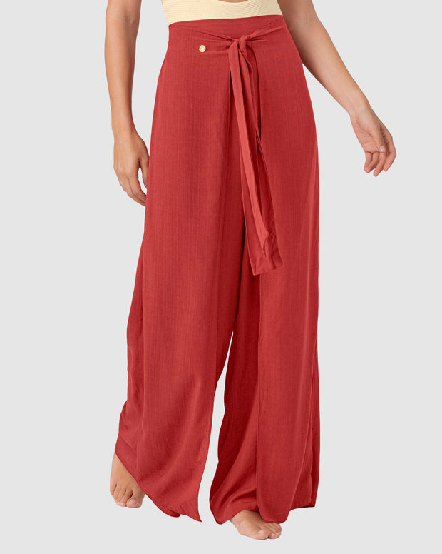 Pantalón tipo lino con tiras anudables en frente y elástico en espalda