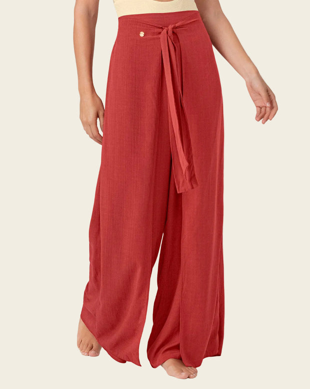 Pantalón tipo lino con tiras anudables en frente y elástico en espalda
