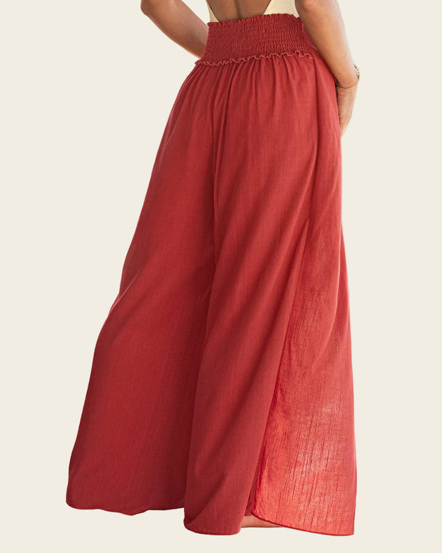 Pantalón tipo lino con tiras anudables en frente y elástico en espalda
