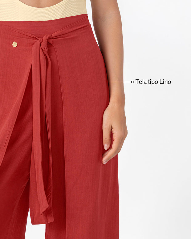 Pantalón tipo lino con tiras anudables en frente y elástico en espalda