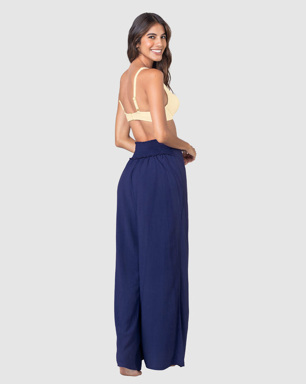Pantalón tipo lino con tiras anudables en frente y elástico en espalda