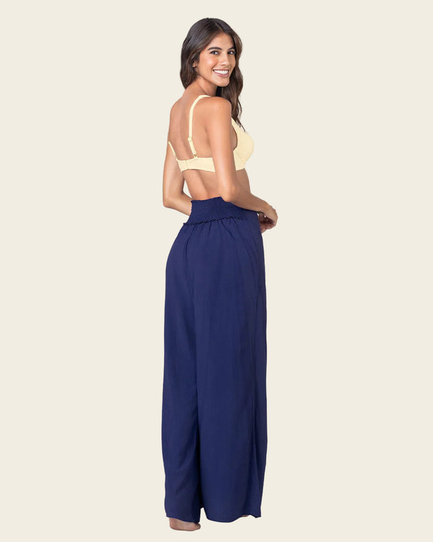 Pantalón tipo lino con tiras anudables en frente y elástico en espalda