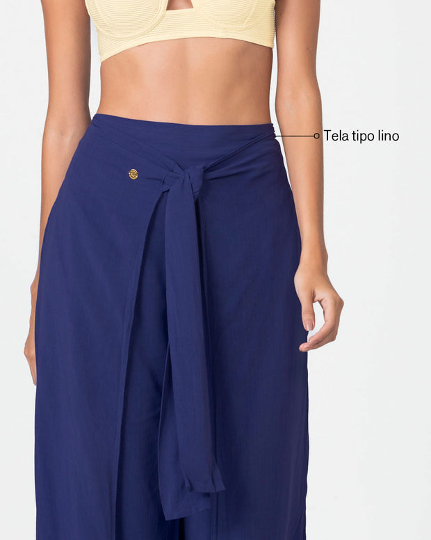 Pantalón tipo lino con tiras anudables en frente y elástico en espalda
