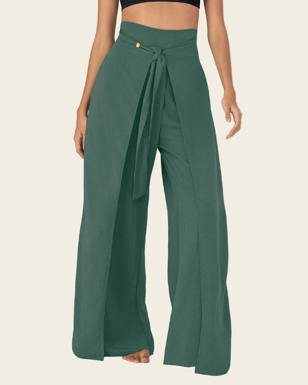 Pantalón tipo lino con tiras anudables en frente y elástico en espalda