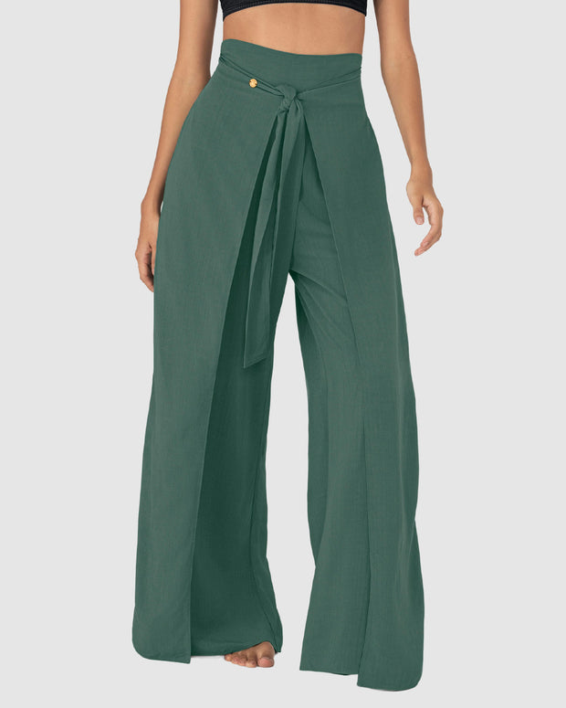 Pantalón tipo lino con tiras anudables en frente y elástico en espalda