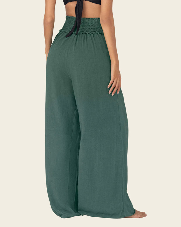 Pantalón tipo lino con tiras anudables en frente y elástico en espalda