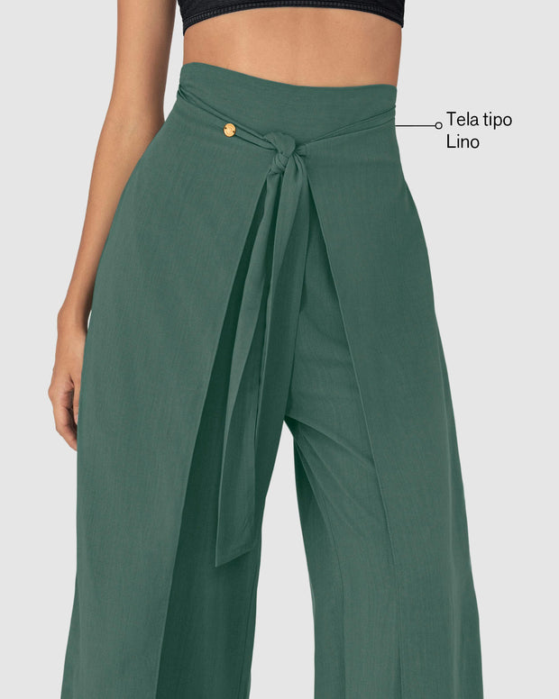 Pantalón tipo lino con tiras anudables en frente y elástico en espalda