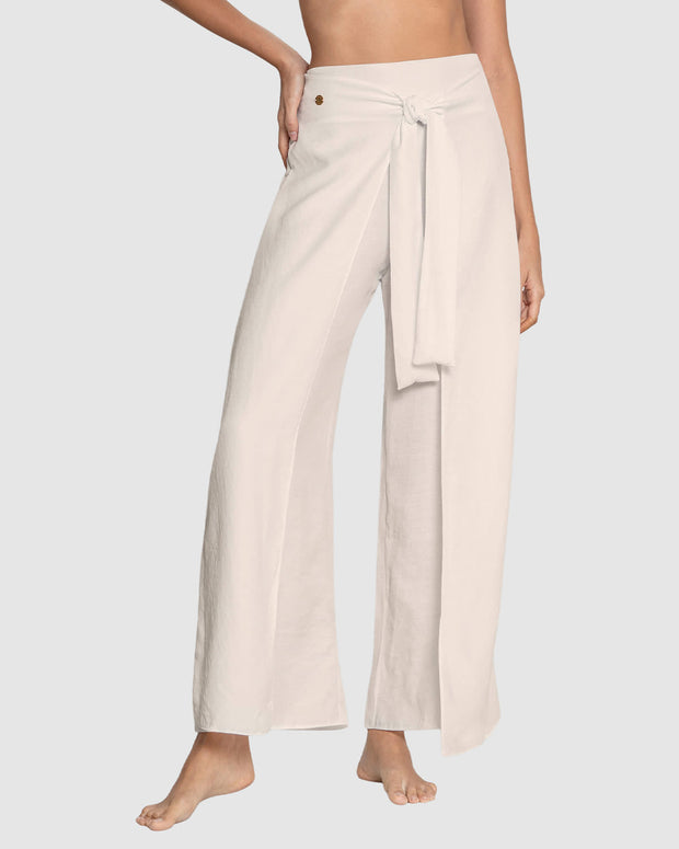 Pantalón playero tipo gaza anudable en el frente en algodón orgánico y rayón