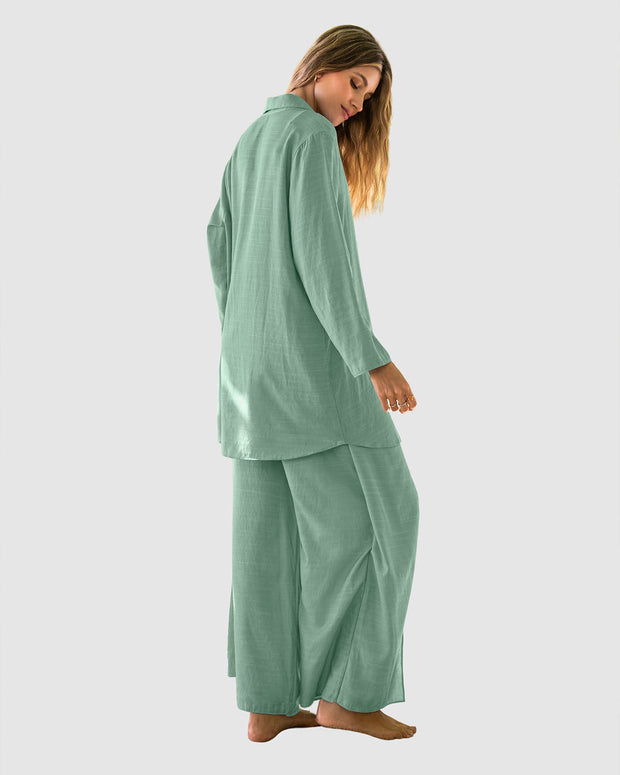 Pantalón playero tipo gaza anudable en el frente en algodón orgánico y rayón#color_662-verde-medio