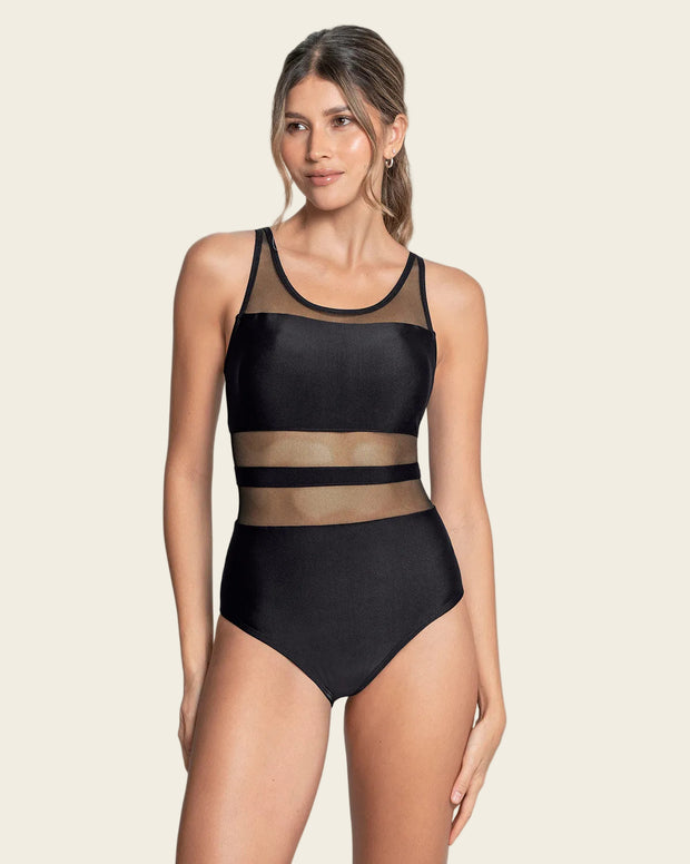 Vestido de baño entero de control con transparencias en tul