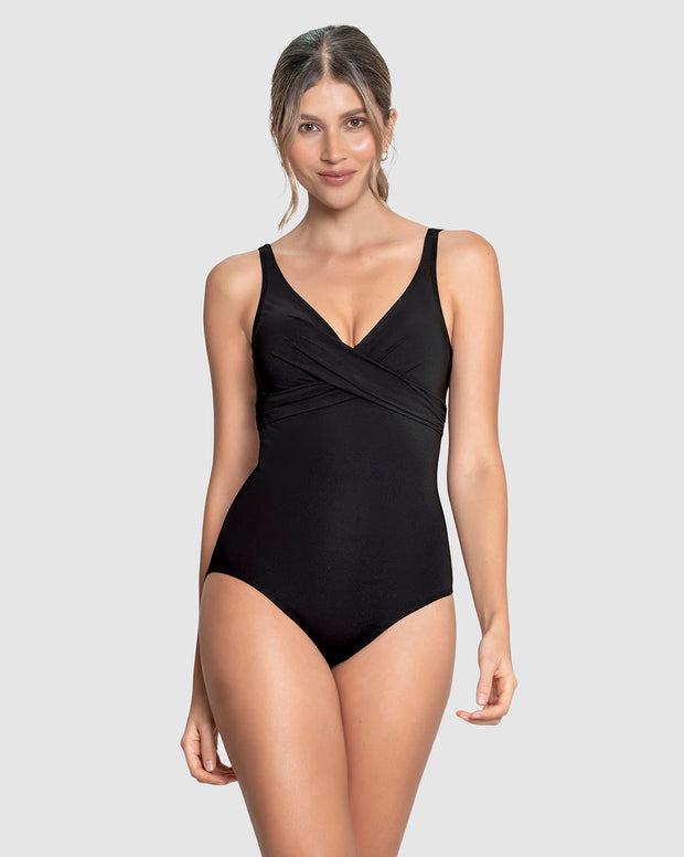Vestido de baño de control suave de abdomen con drapeado en escote