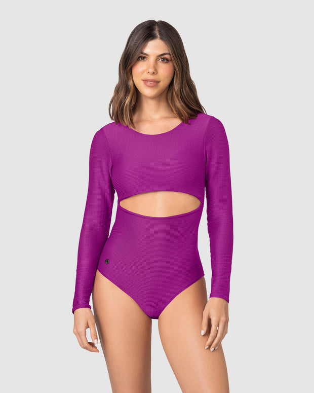 Vestido de baño entero manga larga con abertura en abdomen