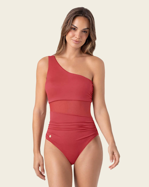Vestido de baño entero de un solo hombro con control de abdomen