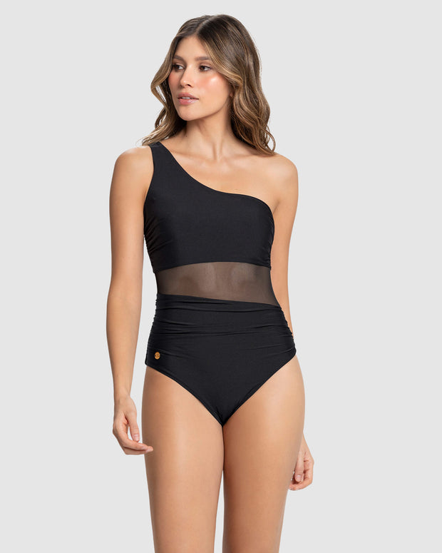 Vestido de baño entero de un solo hombro con control de abdomen