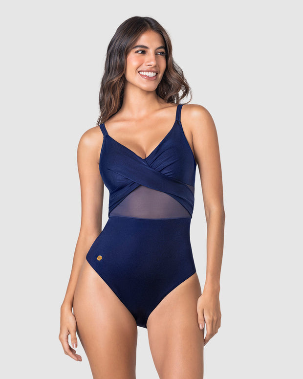 Vestido de baño entero con escote cruzado y tela con brillo