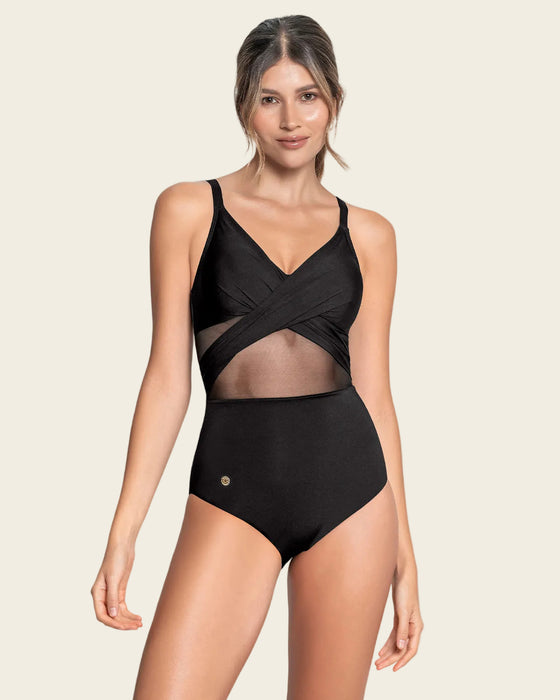 Vestido de baño entero control suave de abdomen elaborado con nylon reciclado#color_700-negro