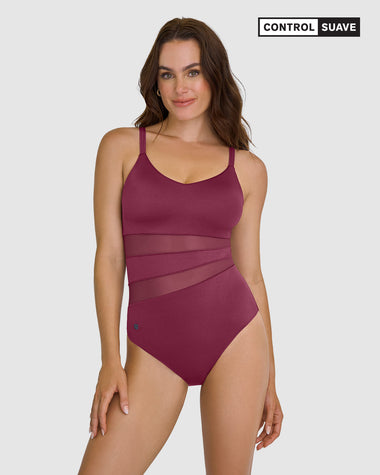 Vestido de baño entero de control con franjas en tul y tela con brillo#color_466-vinotinto