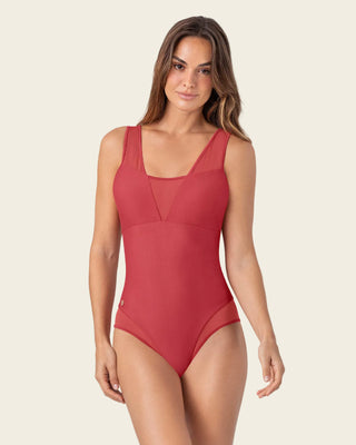 Vestido de baño entero de control fuerte con detalles en tul - Hasta 2 cm menos#color_391-rojo-coral