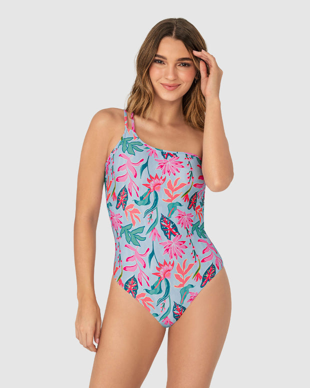Vestido de baño entero estampado de un solo hombro