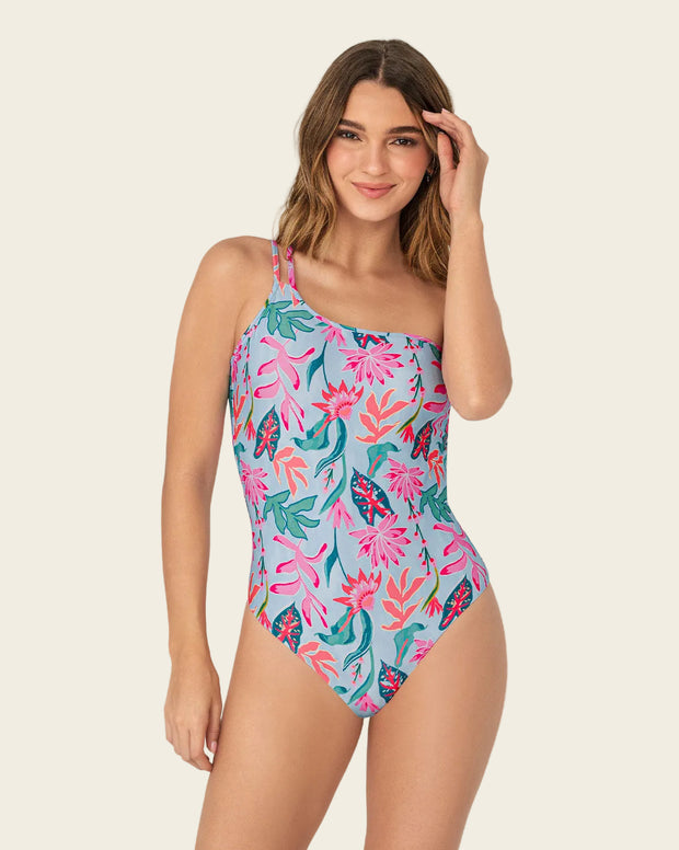 Vestido de baño entero estampado de un solo hombro
