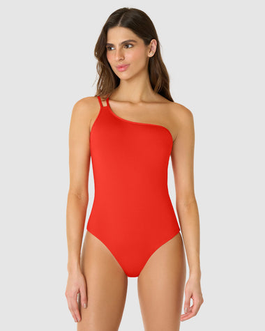 Vestido de baño entero asimétrico de un solo hombro#color_272-naranja