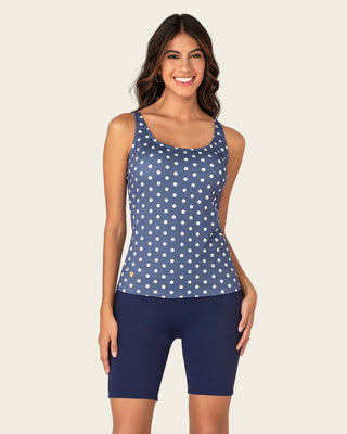 Vestido de baño de 2 piezas con camiseta y short de buen cubrimiento Tankini#color_a63-estampado-puntos-azul