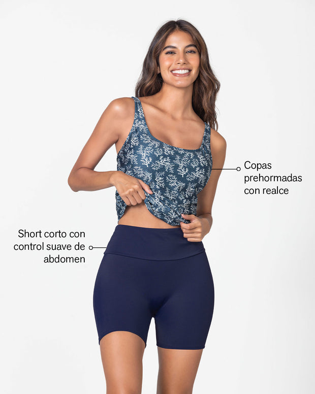 Vestido de baño de dos piezas Camiseta y Short de control de abdomen