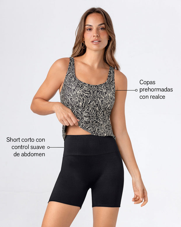 Vestido de baño de dos piezas Camiseta y Short de control de abdomen