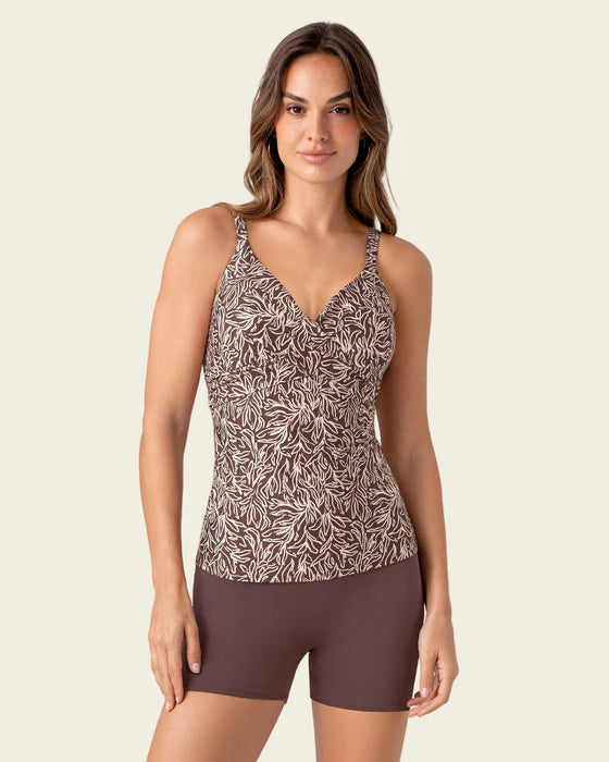 Vestido de baño camiseta drapeada + short#color_a72-estampado-flores-marron