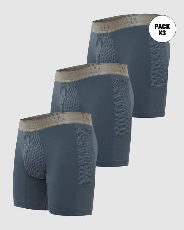 Paquete x 3 bóxers deportivos con bolsillo lateral en microfibra de secado rápido