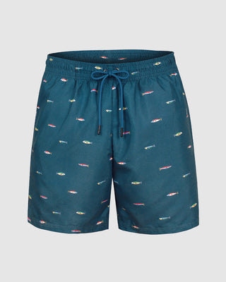 Pantaloneta de baño masculina con práctico bolsillo al lado derecho#color_b43-fondo-azul-estampado