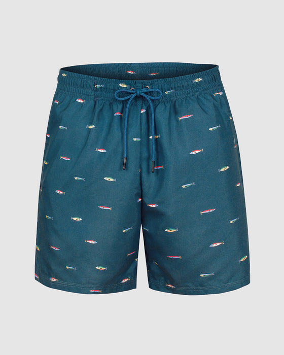 Pantaloneta de baño masculina con práctico bolsillo al lado derecho#color_b43-fondo-azul-estampado