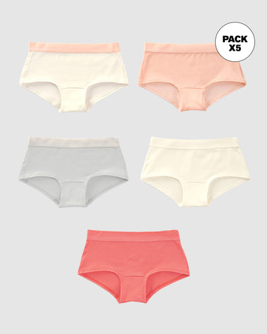 Paquete x 5 panties tipo hipster para niña#color_s34-gris-rosado-marfil-rojo-marfil-elastico-rosado