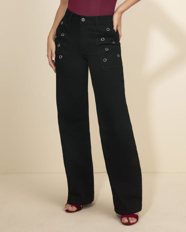 Jean bota recta con ojaletes