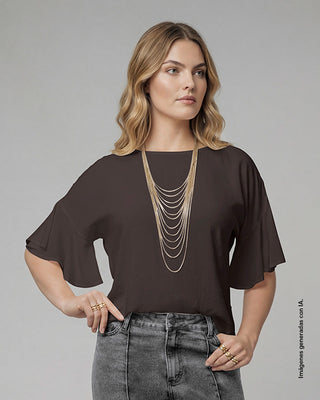 Blusa manga corta con boleros y cuello alto#color_800-cafe-oscuro