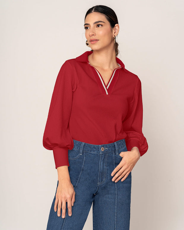 Camiseta manga larga con cuello tejido y tela acanalada