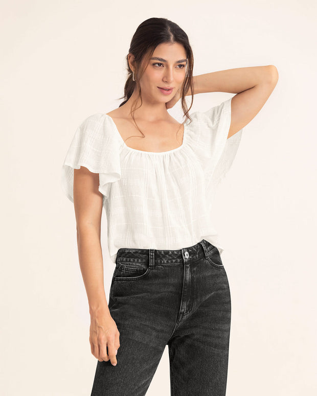 Blusa manga corta de escote cuadrado con recogido