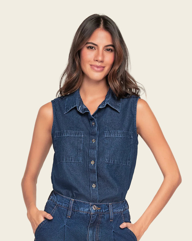 Blusa manga sisa cuello de camisero en denim liviano