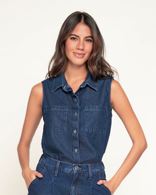 Blusa manga sisa cuello de camisero en denim liviano#color_052-azul-medio