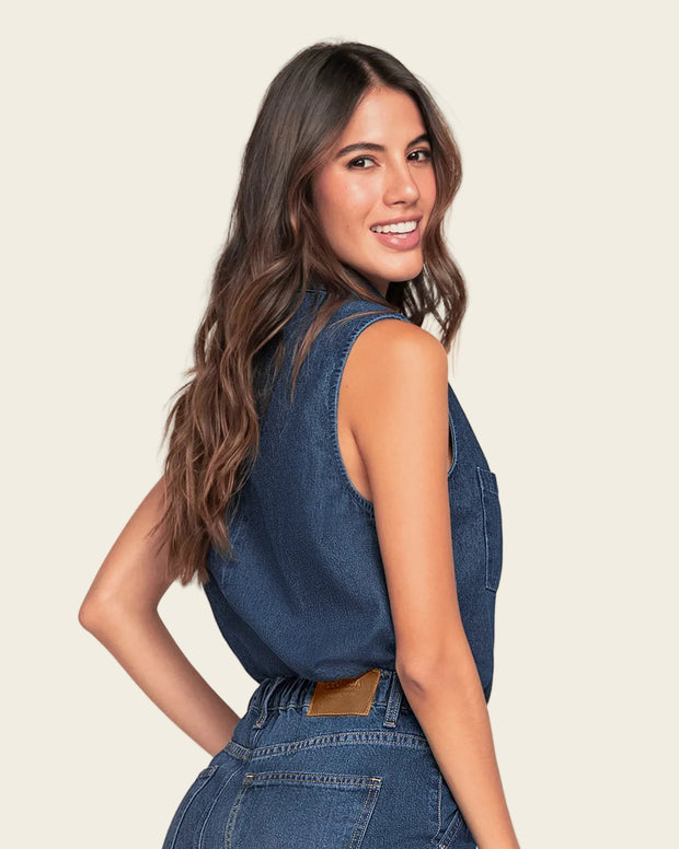 Blusa manga sisa cuello de camisero en denim liviano