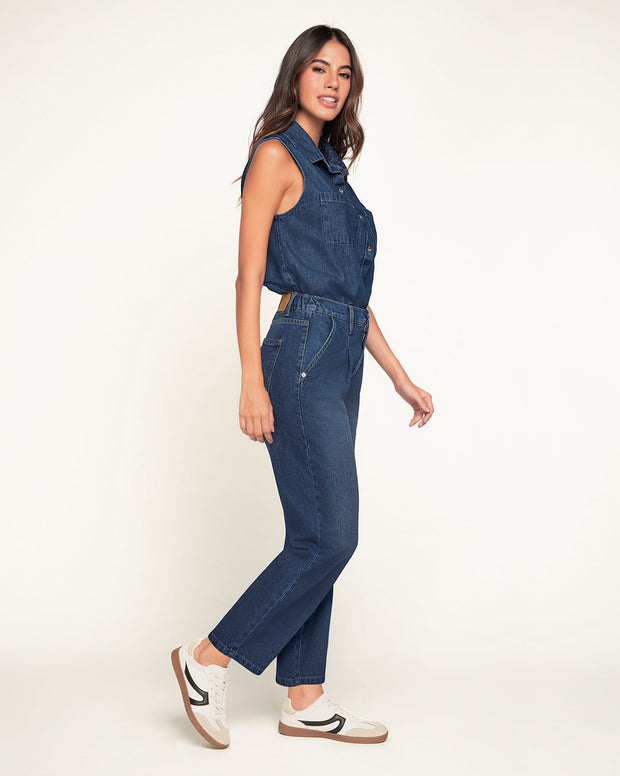 Blusa manga sisa cuello de camisero en denim liviano