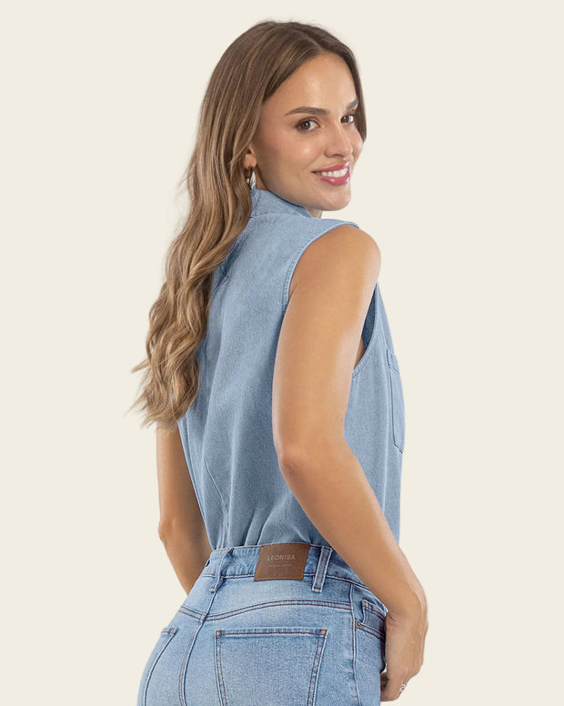 Blusa manga sisa cuello de camisero en denim liviano