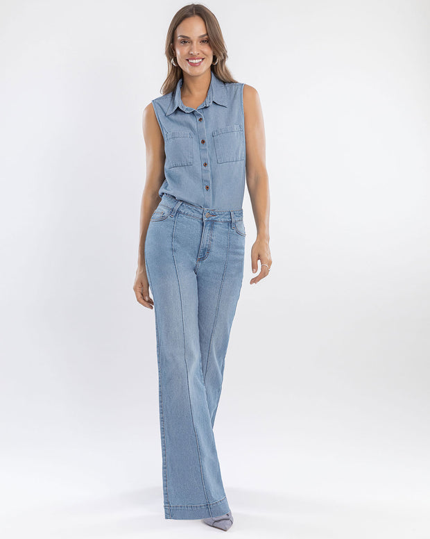 Blusa manga sisa cuello de camisero en denim liviano