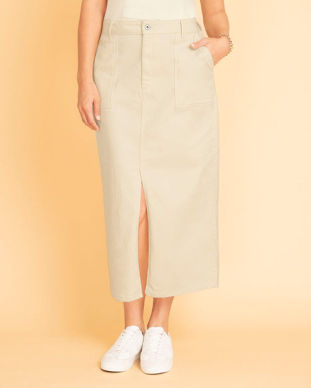 Falda larga en denim con abertura asimétrica en frente