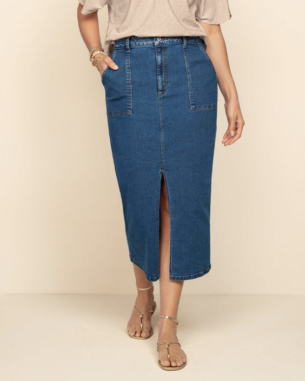 Falda larga en denim con abertura en frente